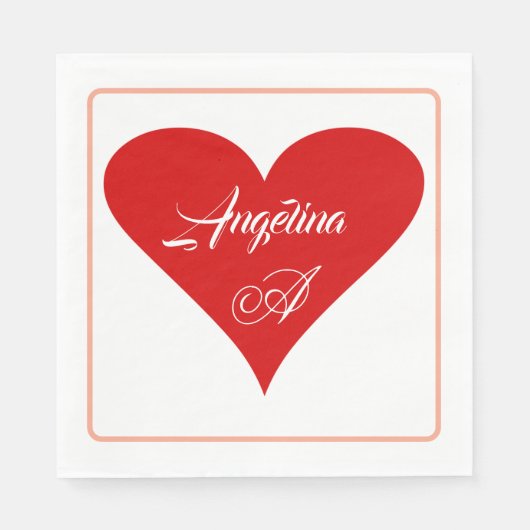 Rode Hart Liefde Valentijnsdag Naam & Monogram Servet (Voorkant)