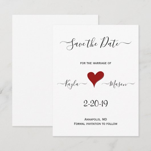 Rode Hart | Met de Hand Geschreven Huwelijksaanpas Save The Date (Voorkant / Achterkant)