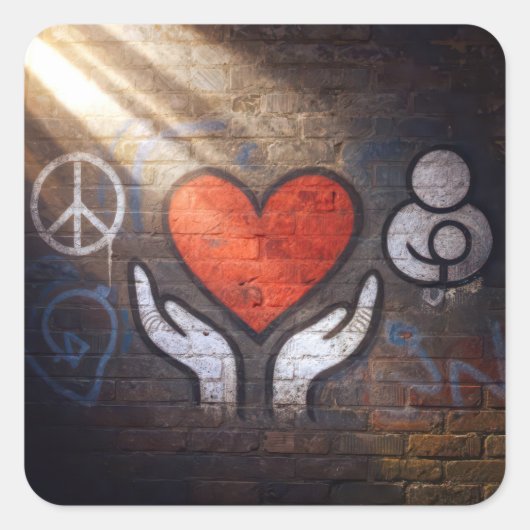 Rode Hart met Handen Graffiti Op een Bakstenen Muu Vierkante Sticker (Voorkant)