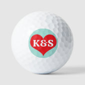 Rode Hart Met Monogram Initiaal & Aqua Achtergrond Golfballen (Voorkant)