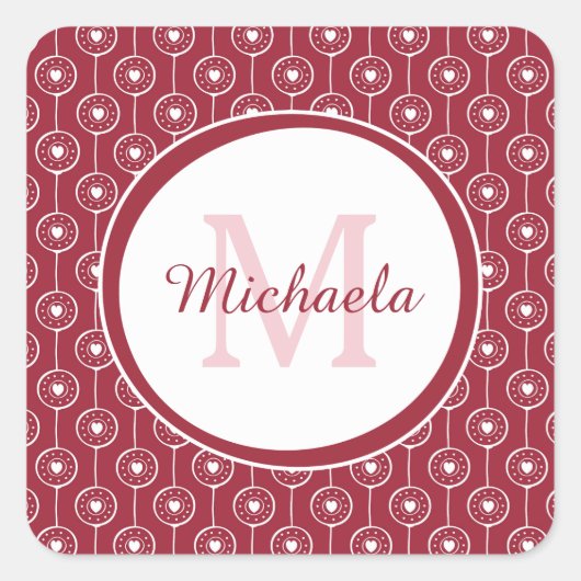 Rode Hart Monogram Vierkante Sticker (Voorkant)