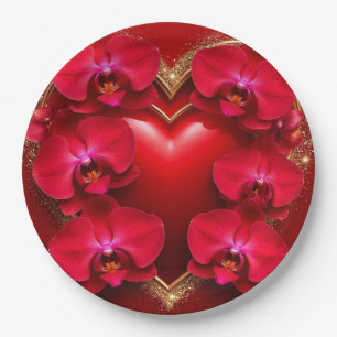 Rode Hart Omringd door Elegante Orchideeën Papieren Bordje