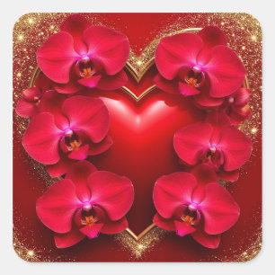 Rode Hart Omringd door Elegante Orchideeën Vierkante Sticker