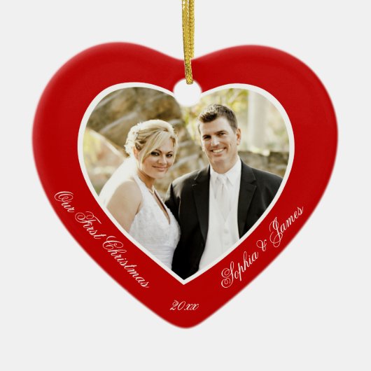 Rode Hart Onze Eerste Kerstboomversiering Keramisch Ornament (Voorkant)
