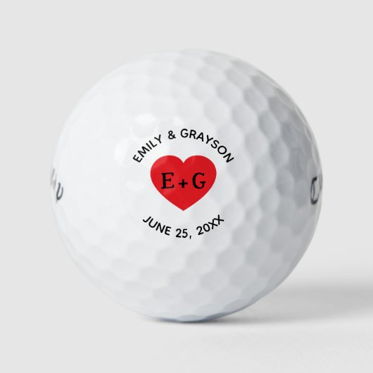Rode Hart Paar Initialen Gepersonaliseerde bruilof Golfballen (Voorkant)