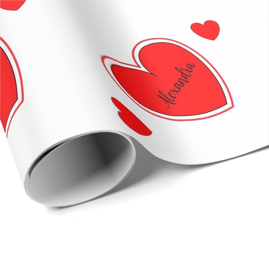 Rode hart patroon aangepaste naam op wit cadeaupapier (Rol Hoek)