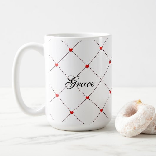 Rode Hart Rasterpatroon Naam & Bericht Ontwerp Koffiemok (Met donut)