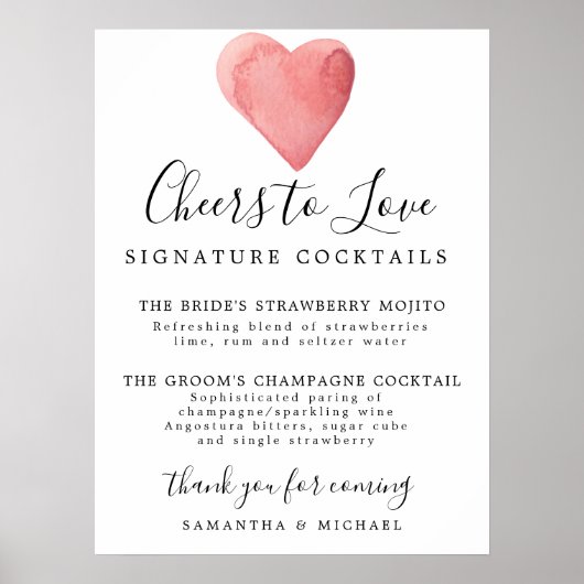 Rode Hart Signature Cocktails Trouw Bar Bord Poster (Voorkant)