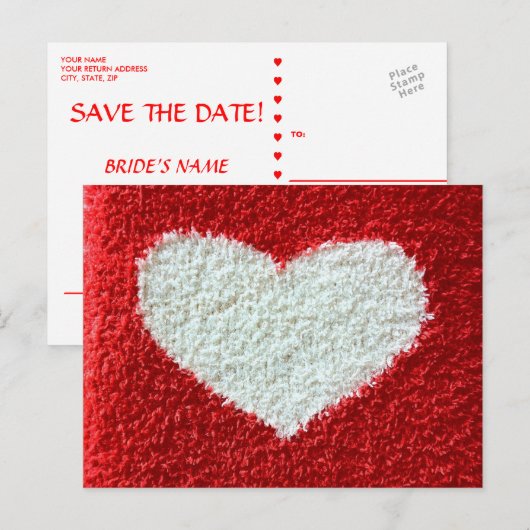 Rode hart stof save the date briefkaart breien plu (Voorkant / Achterkant)