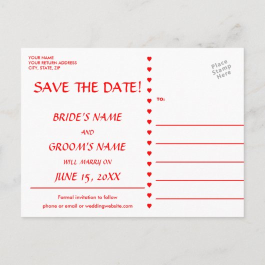 Rode hart stof save the date briefkaart breien plu (Achterkant)