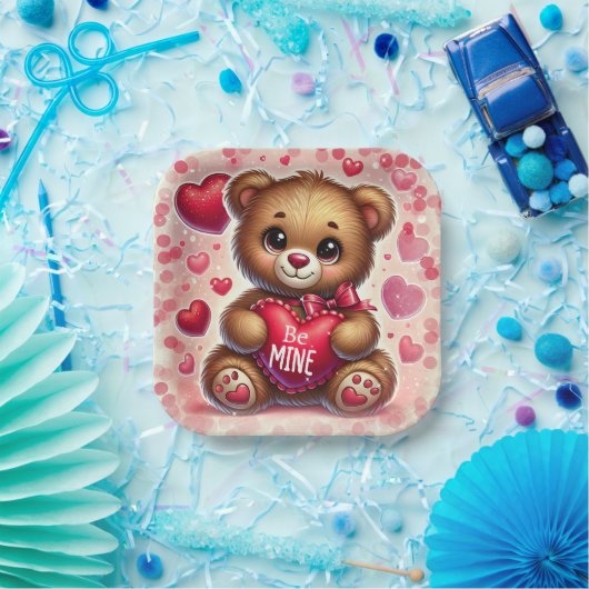 Rode Hart Valentijn Teddy Bear Verjaardagsfeestje Papieren Bordje (Feest)