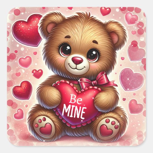 Rode Hart Valentijn Teddy Bear Verjaardagsfeestje Vierkante Sticker (Voorkant)