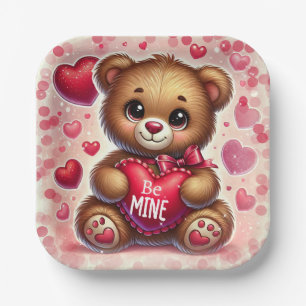 Rode Hart Valentijnsdag Teddybeer Verjaardagsfeest Papieren Bordje