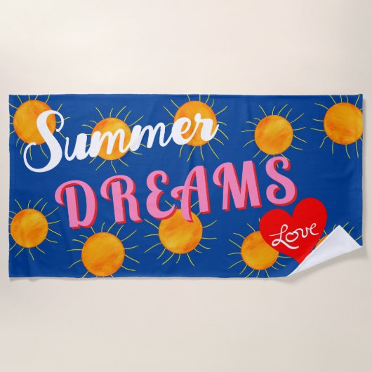 Rode Hart Zonsondergang Zomer Dromen Blauw Strandlaken (Voorkant)