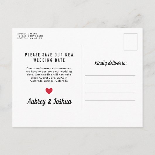 Rode Hart Zwart Datum Uitgesteld Huwelijk Wit Nieu Aankondigingskaart (Achterkant)