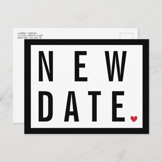 Rode Hart Zwart Wit Nieuwe Datum Uitgestelde Bruil Aankondigingskaart (Voorkant / Achterkant)