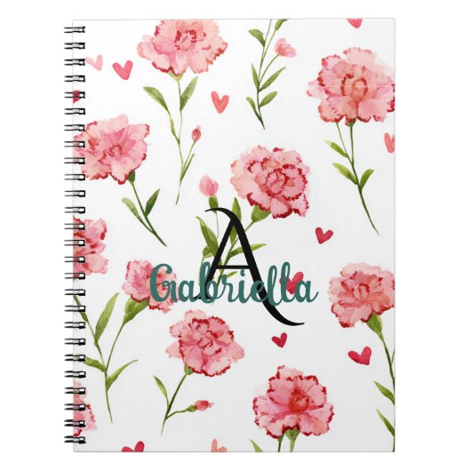 Rode Harten Bloemen Monogram Naam Notitieboek (Voorkant)