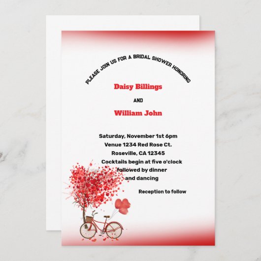 Rode Harten en fiets bruiloft Kaart (Voorkant / Achterkant)