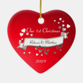 Rode harten en lintfoto keramisch ornament (Achterkant)