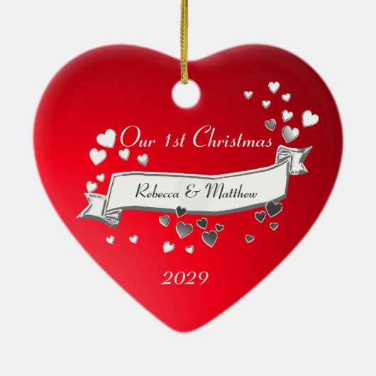 Rode harten en lintfoto keramisch ornament (Achterkant)