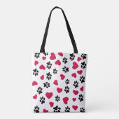 Rode harten en zwarte kattenpoot afdrukken tote bag (Achterkant)