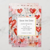 Rode harten grillige liefde patroon bruiloft save the date (Voorkant / Achterkant)