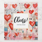 Rode harten grillige liefde patroon juicht! wijn etiket (Enkel label)