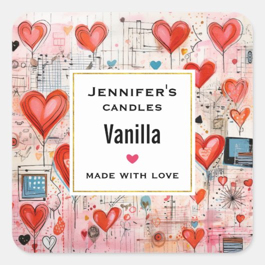 Rode harten grillige liefde patroon kaars bedrijf vierkante sticker (Voorkant)