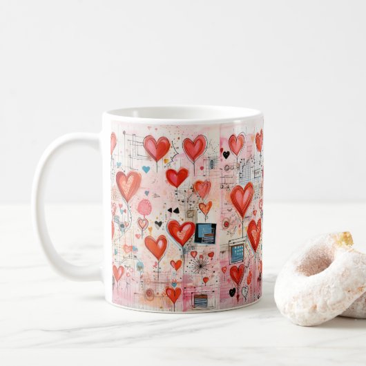 Rode harten grillige liefde patroon koffiemok (Met donut)
