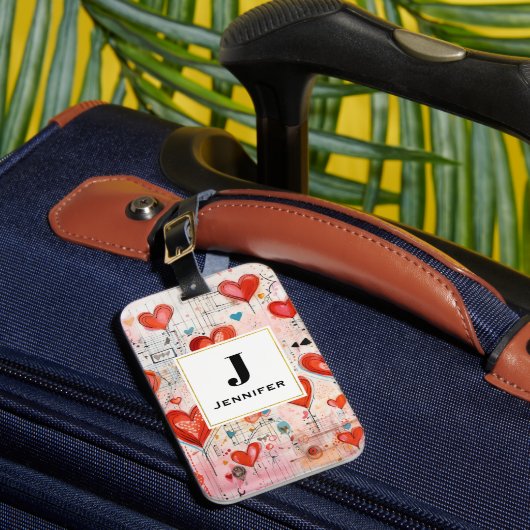 Rode harten grillige liefde patroon monogram bagagelabel (Voorkant Insitu 1)
