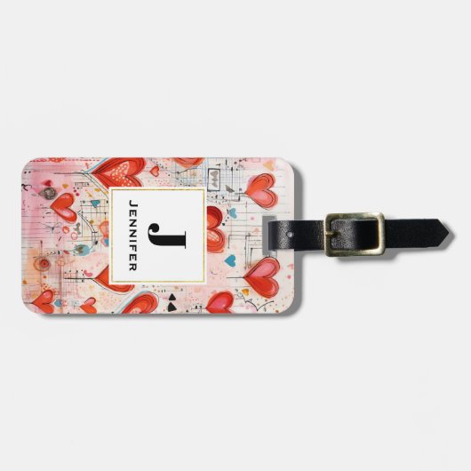 Rode harten grillige liefde patroon monogram bagagelabel (Voorkant horizontaal)