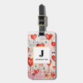 Rode harten grillige liefde patroon monogram bagagelabel (Voorkant verticaal)