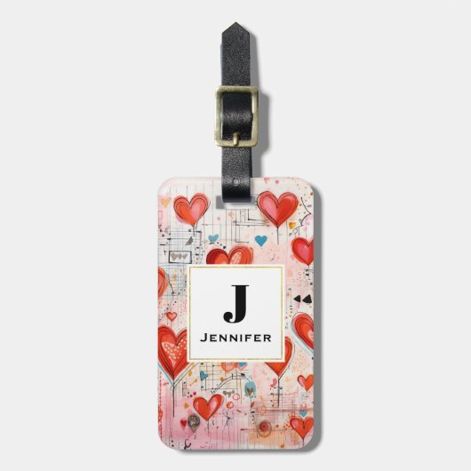 Rode harten grillige liefde patroon monogram bagagelabel (Voorkant verticaal)