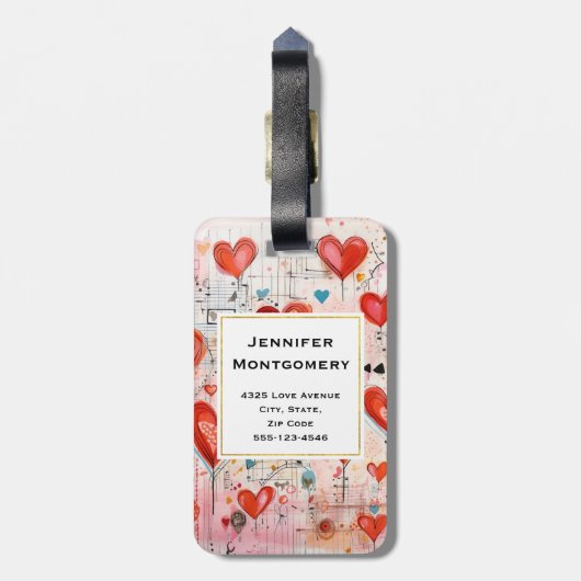 Rode harten grillige liefde patroon monogram bagagelabel (Achterkant verticaal)