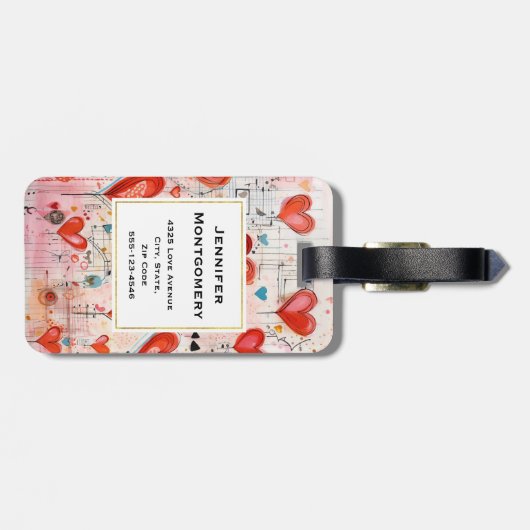 Rode harten grillige liefde patroon monogram bagagelabel (Achterkant horizontaal)