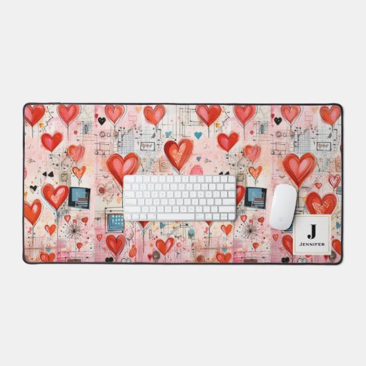 Rode harten grillige liefde patroon monogram bureaumat (Keyboard & Muis)