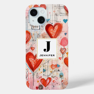 Rode harten grillige liefde patroon monogram iPhone 15 case