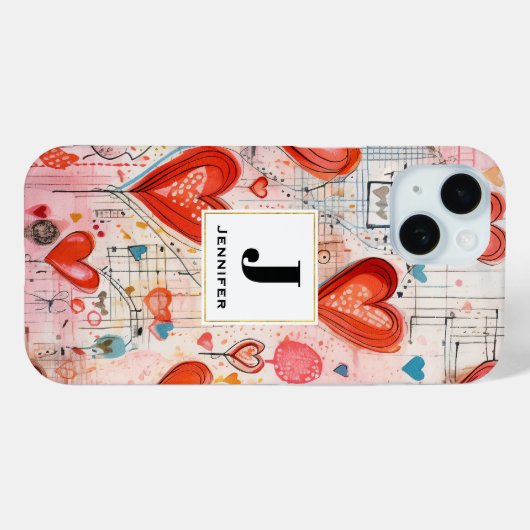 Rode harten grillige liefde patroon monogram Case-Mate iPhone case (Achterkant (horizontaal))