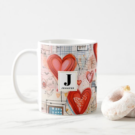 Rode harten grillige liefde patroon monogram koffiemok (Met donut)