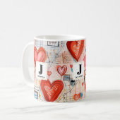 Rode harten grillige liefde patroon monogram koffiemok (Voorkant links)