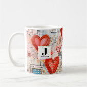 Rode harten grillige liefde patroon monogram koffiemok (Links)