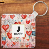 Rode harten grillige liefde patroon monogram sleutelhanger (Achterkant)