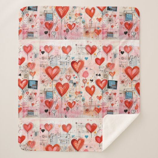 Rode harten grillige liefde patroon sherpa deken (Voorkant)