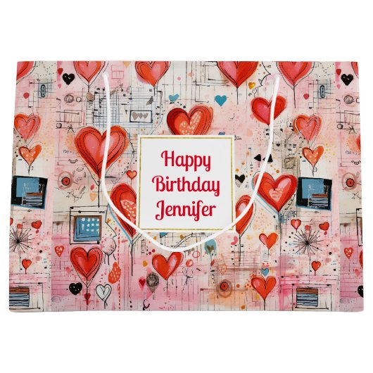 Rode harten grillige liefde patroon verjaardag groot cadeauzakje (Voorkant)