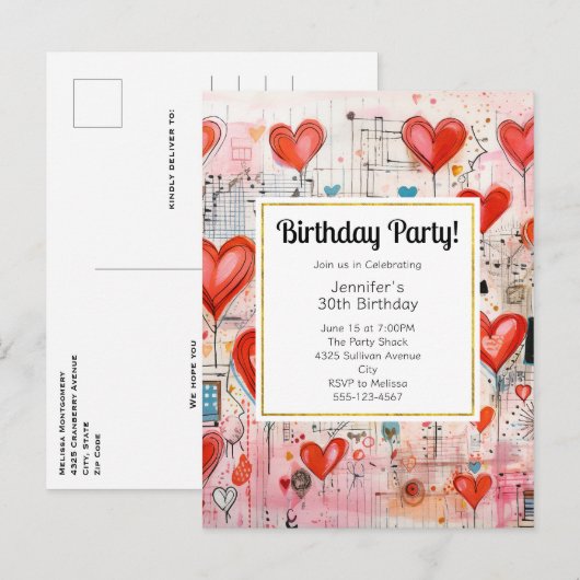 Rode harten grillige liefde patroon verjaardag uit uitnodiging briefkaart (Voorkant / Achterkant)