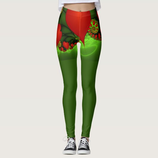 Rode harten limoen groen moderne Abstracte fractal Leggings (Voorkant)
