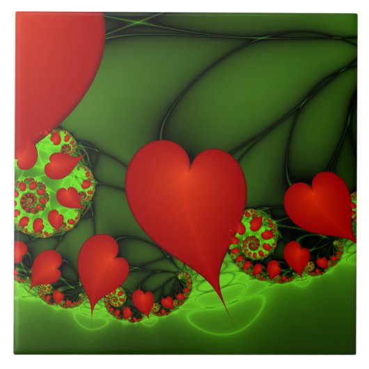 Rode harten limoen groen moderne Abstracte fractal Tegeltje (Voorkant)