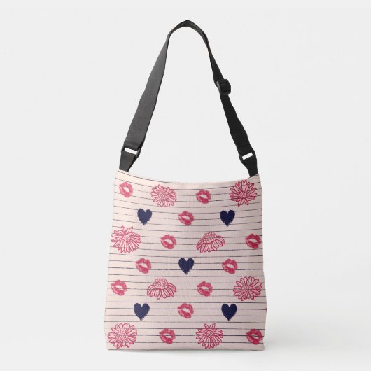 Rode harten, lippen, madeliefjes patroon. crossbody tas (Voorkant)