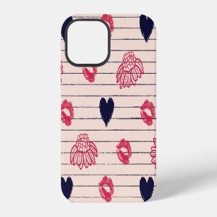 Rode harten, lippen, madeliefjes patroon. iPhone 12 hoesje