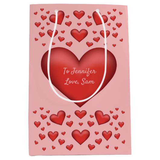 Rode harten met aangepaste tekst medium cadeauzakje (Voorkant)